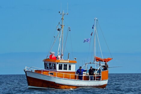 A wooden fishing boat with a flag, equipped with antennas and a draped net, carrying three people on a calm blue sea.