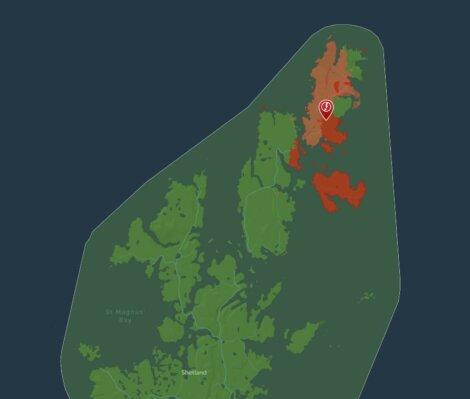 A map highlighting Shetland and surrounding islands. Dark green areas represent land, while areas in various shades of red and orange indicate different regions within the map boundary.