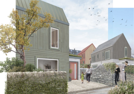 A residential street scene with modern, green wooden houses, a tree, two women talking, and a child walking with an adult. Birds are flying in the sky.