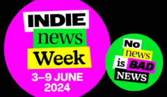 Two bright-colored circular graphics. The larger graphic reads "INDIE news Week 3-9 JUNE 2024." The smaller graphic reads "No news is BAD NEWS.