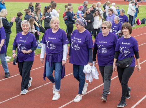 A group of women wearing matching purple "Survivor" T-shirts walk together on a track during a Relay For Life event.