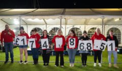 A group of eight people stand in a row holding large signs with numbers and symbols, displaying the total amount raised as £17,418.68. They are in front of a white tent at night.