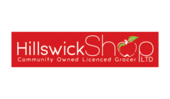 Logo of Hillswick Shop, a community-owned licensed grocer, with a red background, the text "Hillswick Shop" and an apple graphic integrated into the lettering.