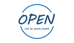 Blue logo with the word "open" in uppercase and the phrase "led by young people" underneath, enclosed in a circular outline.