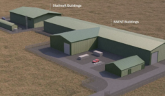 Aerial view of a simulated industrial site featuring labeled buildings for "statkraft" and "ssent," including a red car parked outside.