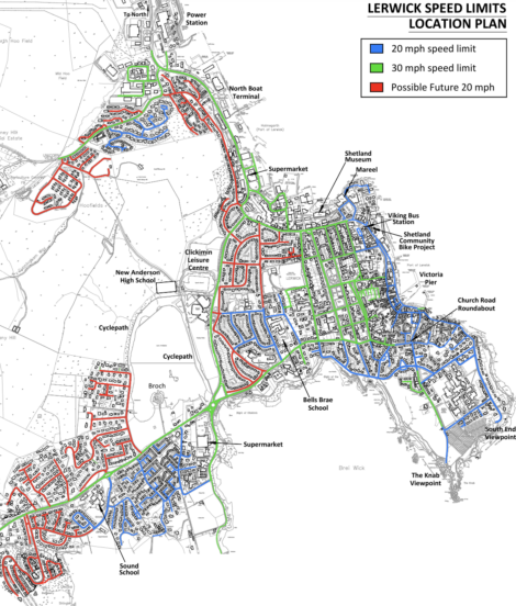 Map of Lerwick displaying speed limits: blue areas show 20 mph zones, green areas indicate 30 mph zones, and red outlines possible future 20 mph zones.