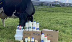 A cow stands in a grassy field next to various milk and dairy product containers, including milk bottles, cream tubs, and a box labeled "Butter." A farm is visible in the background.