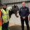 Four people in high-visibility clothing stand in a stable next to a black and white horse.