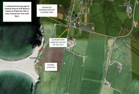 A satellite map shows beach closure signs at St Ninian's beach on June 12th due to filming, with detailed locations marked for warning signs and the closure site.