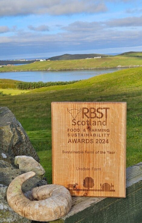 A wooden plaque with "RBST Scotland Food & Farming Sustainability Awards 2021 - Sustainable Farm of the Year - Uredale Farm" engraved, set on a stone wall with a scenic countryside and lake in the background.