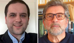 Two men in separate images. On the left, a man in a suit is smiling. On the right, a man with glasses and a beard is posing in front of a bookshelf.