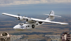 A WWII-era seaplane flies above a landscape. Inset images show Flt Lt David Hornell and Flt Lt John Cruickshank, with their respective service details and Victoria Cross dates.