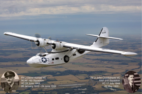 A WWII-era seaplane flies above a landscape. Inset images show Flt Lt David Hornell and Flt Lt John Cruickshank, with their respective service details and Victoria Cross dates.