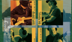 A collage of four people playing musical instruments, each in a different frame. The text indicates their names, instruments, and roles: vocals, guitars, bass guitar, and percussion.