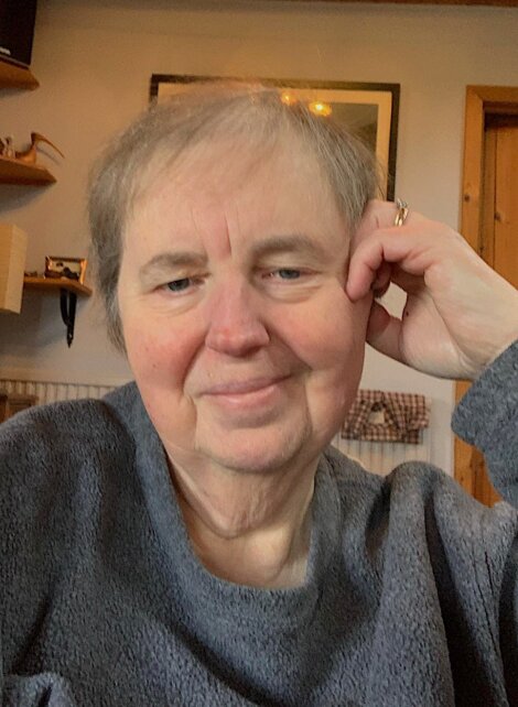 A person with short gray hair wearing a gray sweater poses indoors, resting their head on their hand and smiling slightly.