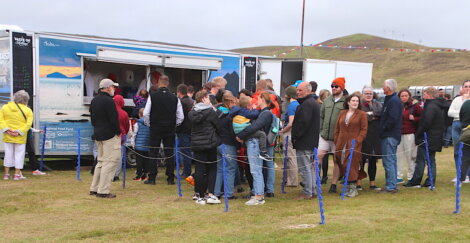 A group of people stands in line outside a food truck in a grassy area on a cloudy day.