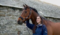 A person standing beside a brown horse, holding its reins, with a stone building in the background.