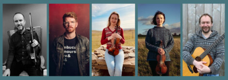 A collage of five individuals holding musical instruments: a violin, guitar, and viola. They are standing or sitting in various settings, both indoors and outdoors.