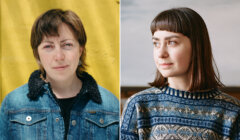 A split image showing two people. On the left, a person with short hair wearing a denim jacket in front of a yellow background. On the right, a person with shoulder-length hair wearing a patterned sweater.