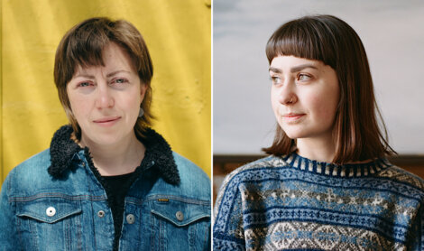 A split image showing two people. On the left, a person with short hair wearing a denim jacket in front of a yellow background. On the right, a person with shoulder-length hair wearing a patterned sweater.