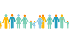 Illustration of a diverse group of figures representing people of different ages and genders holding hands in a line. The figures vary in color and have simplified, stylized shapes.