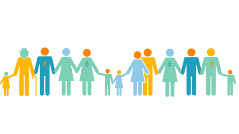 Illustration of a diverse group of figures representing people of different ages and genders holding hands in a line. The figures vary in color and have simplified, stylized shapes.