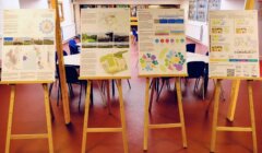 Four easels displaying large informational posters with maps, diagrams, and text are set up in a room with a red floor and chairs in the background.