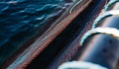 A close-up view of a fishing net draped over the side of a boat, with a body of water in the background.