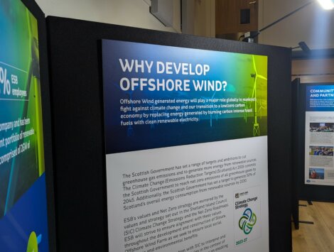 An informational display panel on offshore wind energy, discussing its role in addressing climate change and promoting renewable energy.