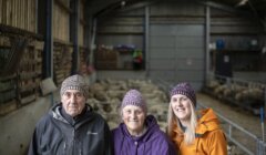 Three people, two elderly and one younger, wearing winter clothing and knit caps, pose inside a barn with sheep in the background.