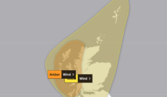 Weather map showing Scotland with areas shaded in yellow and amber indicating wind alerts. Amber alert covers the northwest coast; yellow alert covers the rest of the region.