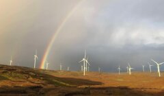 Wind turbines spread across a hilly landscape with a rainbow in the background.