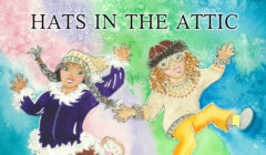 Colorful book cover of "Sizzie & Vaila: Hats in the Attic" featuring two girls in winter clothing against a snowy background with a Literacy/Alphabetization logo.