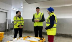 Three people in high-visibility vests and hard hats stand in a chilled warehouse, discussing near bins of ice.