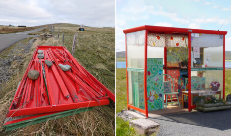 Left: Pile of red metal poles beside a rural road. Right: Decorated red bus stop with floral patterns, chairs, and curtains.