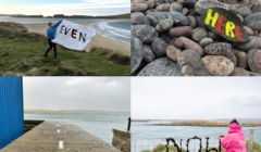 Four images with words spelled out: "EVEN" on a flag, "HERE" on a painted rock, "EVEN" with stones on a path, and "NOW" on a fence. Each scene depicts coastal landscapes and rocky or grassy terrain.