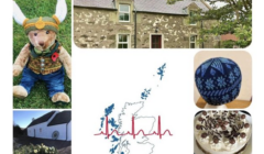 Collage featuring a teddy bear, stone cottage, hat, cake, and a house with a Scottish map and ECG line in the center.