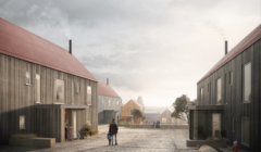 A small village square with wooden houses, red roofs, and a cobblestone path. Two people walk in the center. A bicycle leans against a house. Overcast sky above.