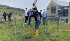 People participating in a tree planting event outside a building. A person in the foreground is digging with a shovel.