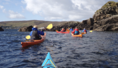 People kayaking in a line on open water near rocky cliffs, with a cloudy sky and hilly landscape in the background.