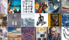 A collage of various artistic images, including abstract paintings, musicians with instruments, nature scenes, and human figures.