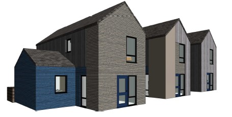 3D rendering of three modern, narrow two-story houses with gabled roofs and varying exterior colors, including blue, gray, and beige.