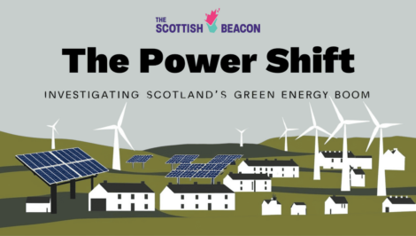Illustration of a rural landscape with wind turbines, solar panels, and houses, promoting an investigation into Scotland’s green energy boom by The Scottish Beacon.