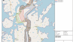 Map showing three proposed route options, marked in green, red, and blue shaded areas, across the west coast of Scotland, north of Ullapool, near Lochs Laxford and Inchard.