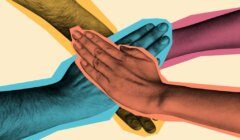 Five hands with different skin tones overlapping in the center, each outlined in a different bright color, against a light background.