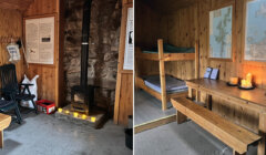 Two views of a rustic wooden cabin interior: one shows a wood stove with candles, the other features bunk beds, a wooden table with benches, and maps on the wall.
