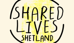 Hand-drawn logo with the words "Shared Lives Shetland" in black text, enclosed by an incomplete black circle on a light background with a faint yellow brushstroke.