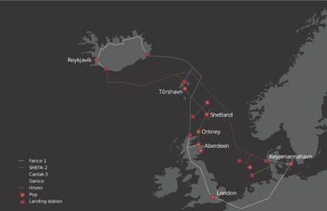 A map showing submarine cable routes connecting Reykjavik, Tórshavn, Shetland, Orkney, Aberdeen, London, and Copenhagen, with landing stations and points of presence marked.