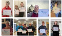 A collage of nine people holding certificates for the VAS Volunteering Awards, each posing individually or in small groups and smiling at the camera.