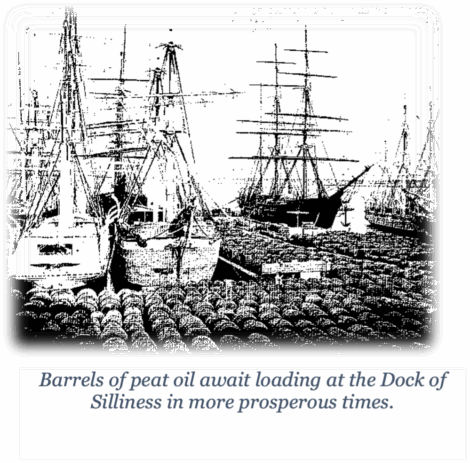 Black-and-white illustration of ships docked at a harbor, with rows of barrels stacked on the dock in the foreground.